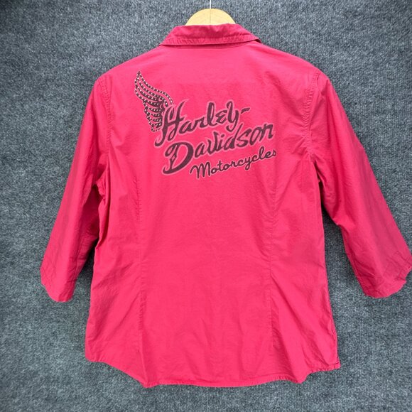 Harley Davidson Shirt Womens Large Pink Pearl Snap Embroidered Studded Bikercore - Picture 6 of 16